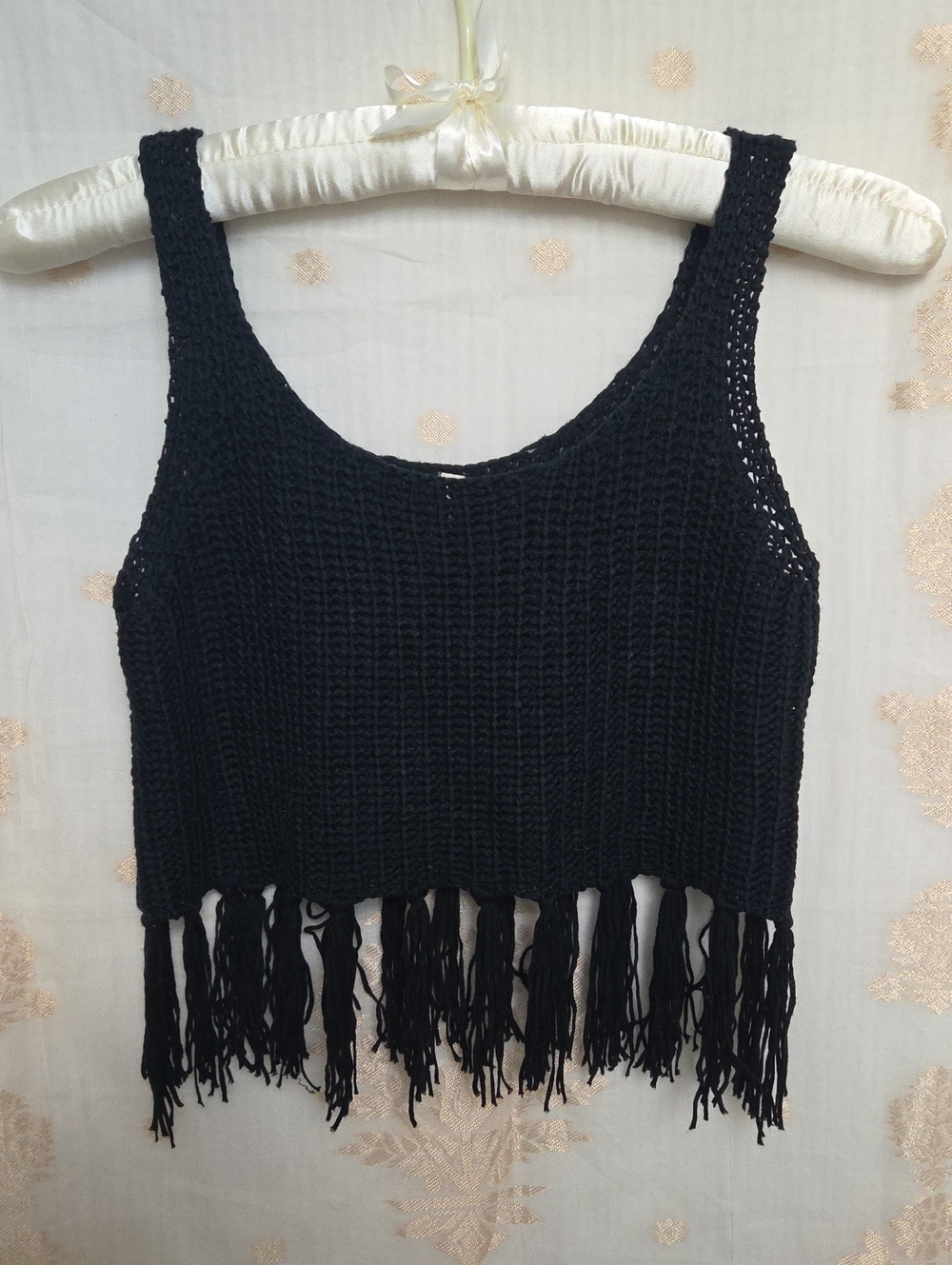 RAGA Black Crocheted Fringe Crop Tank